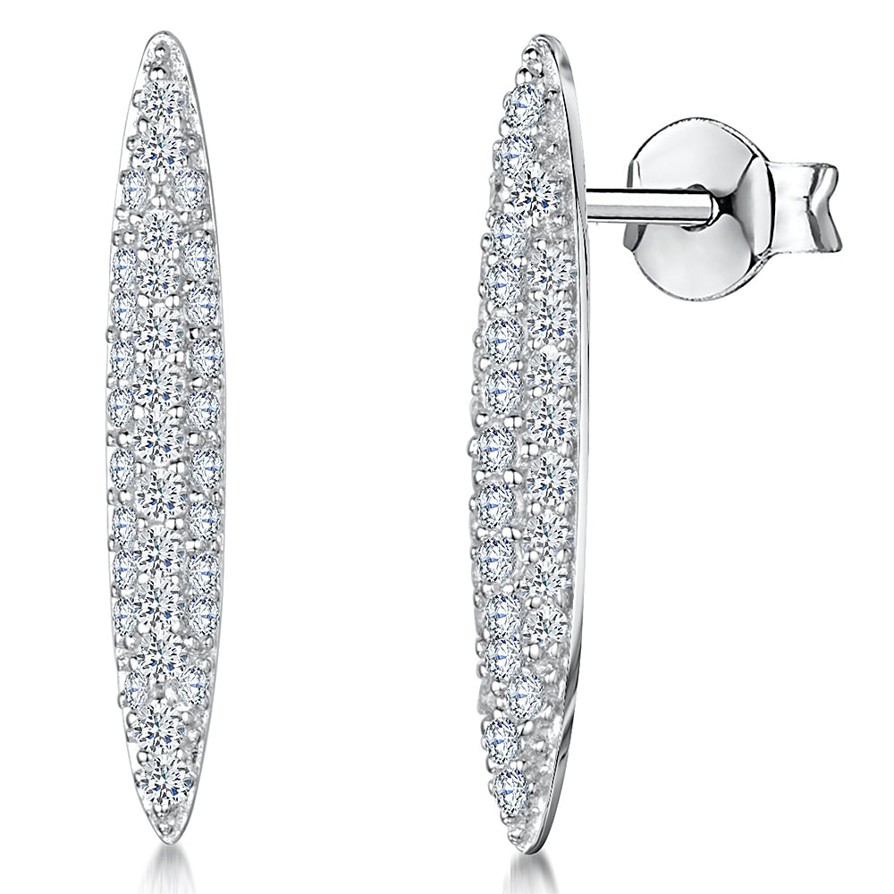 Sterling Silver Long Oval Pave Set Earrings