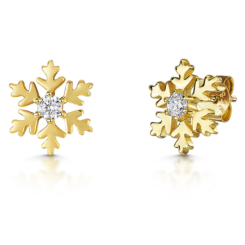Yellow Gold Snowflake Stud Earrings Set With Cubic Zirconia