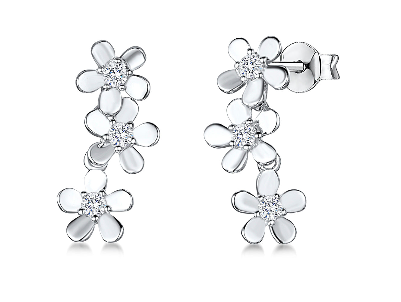 Sterling Silver Cubic Zirconia Triple Flower Drop Earrings