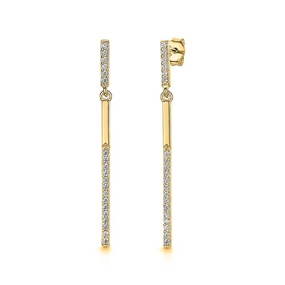 Gold Vermeil Thin Bar Drop Earrings With Cubic Zirconia