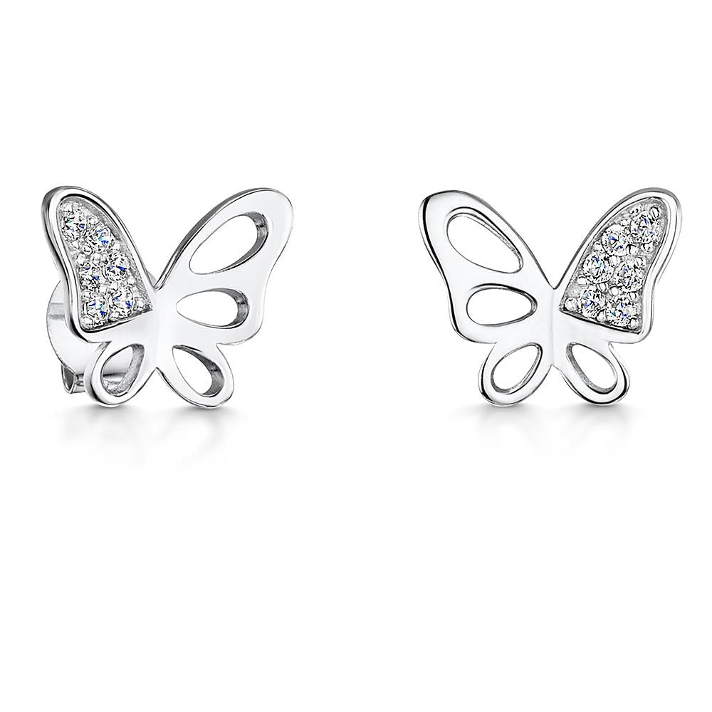 Sterling Silver Butterfly Part Cubic Zirconia Stud Earrings