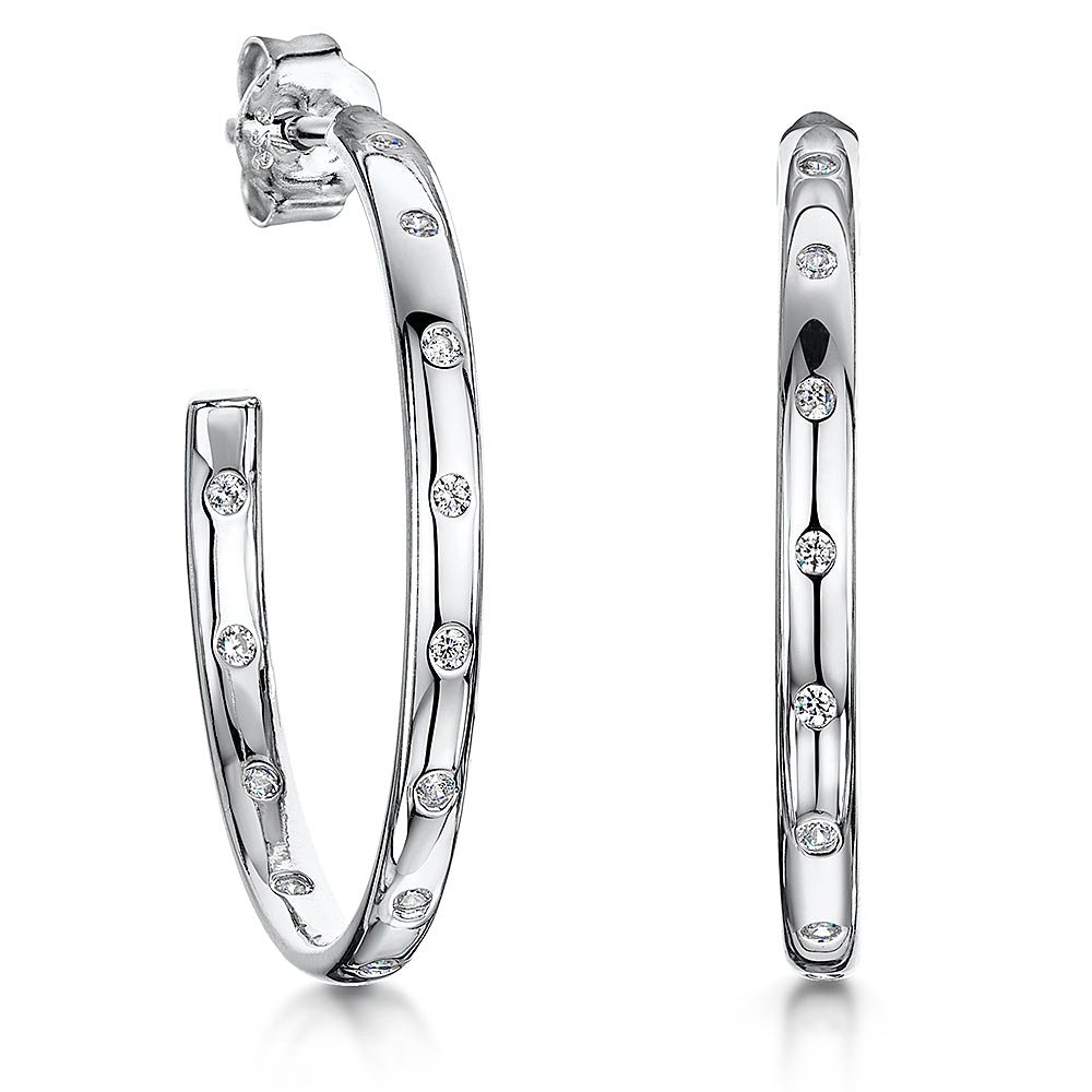 Sterling Silver 3/4 Hoop Earrings Studded With Cubic Zirconia