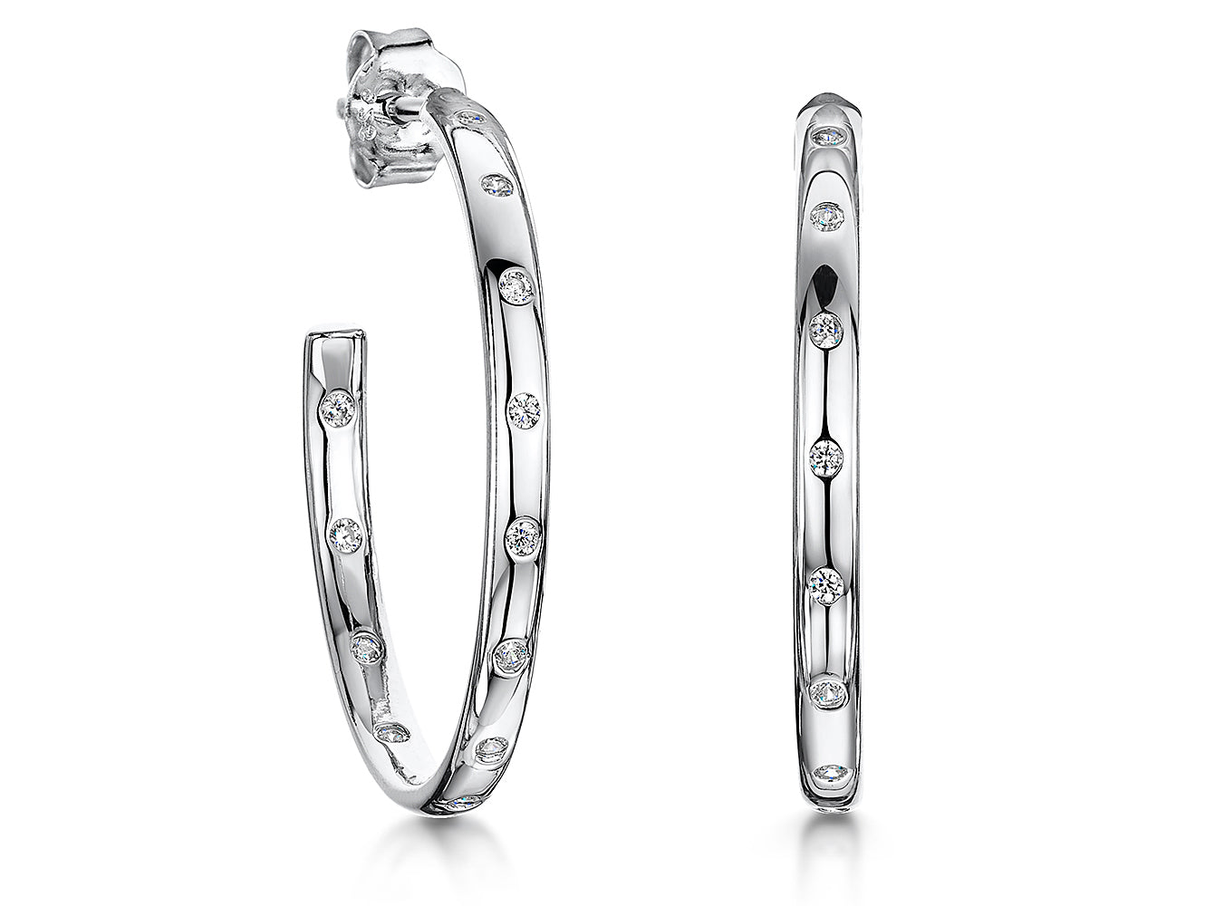Sterling Silver 3/4 Hoop Earrings Studded With Cubic Zirconia