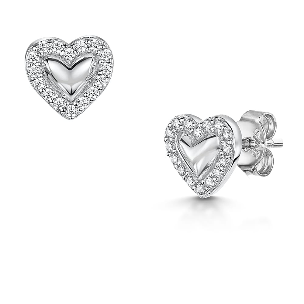 Sterling Silver Solid Heart Halo Stud Earrings