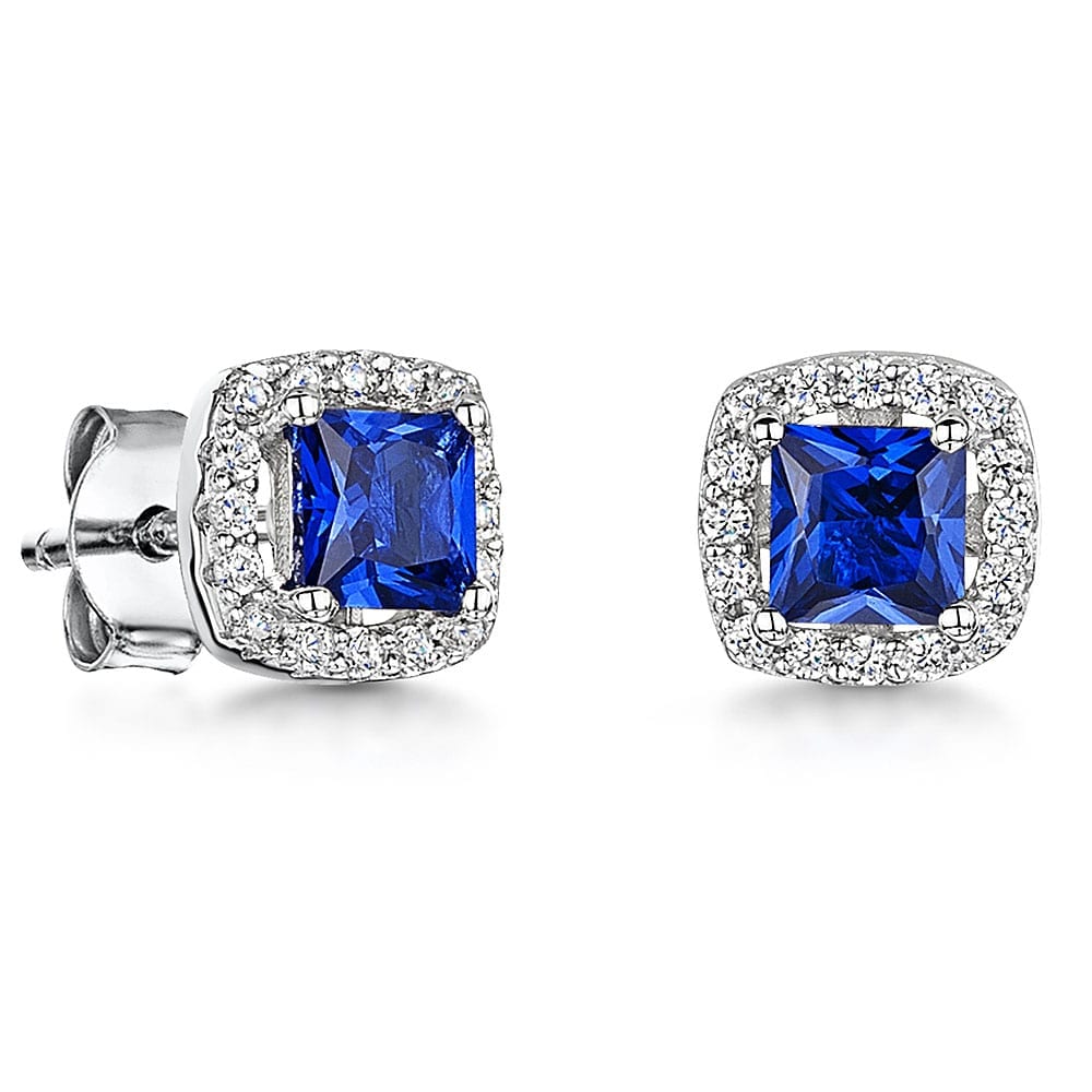 Sterling Silver Sapphire Cubic Zirconia Halo Stud Earrings