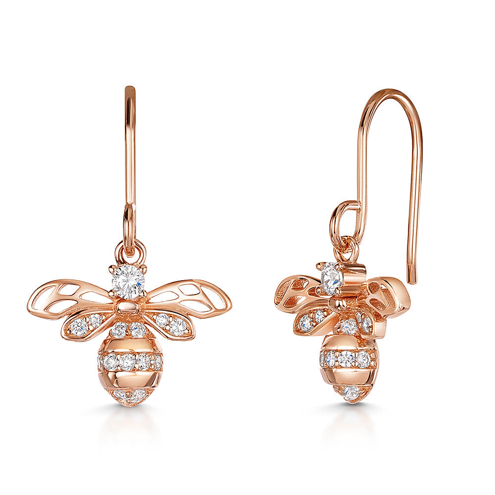 Rose Gold Vermeil Honeybee Drop Hook Earrings | Silver CZ Bumblebee Earrings