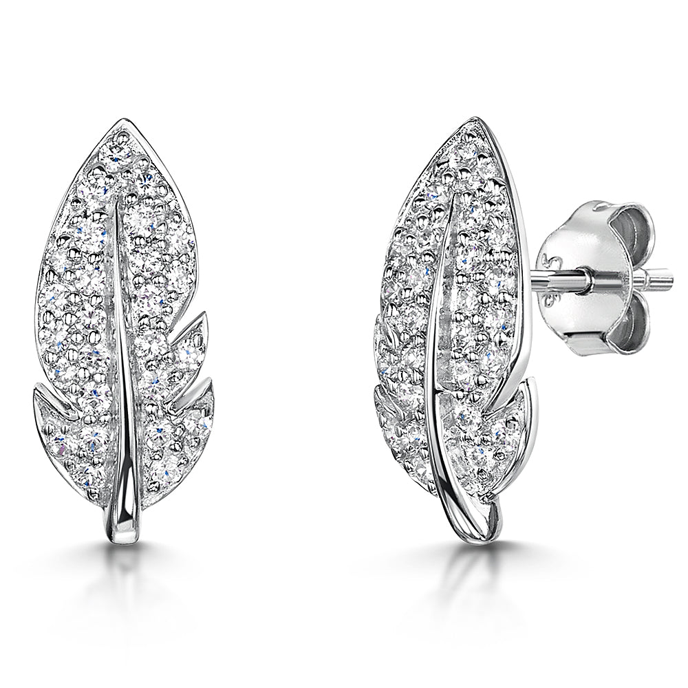 Sterling Silver Leaf Stud Earring Set With Cubic Zirconias