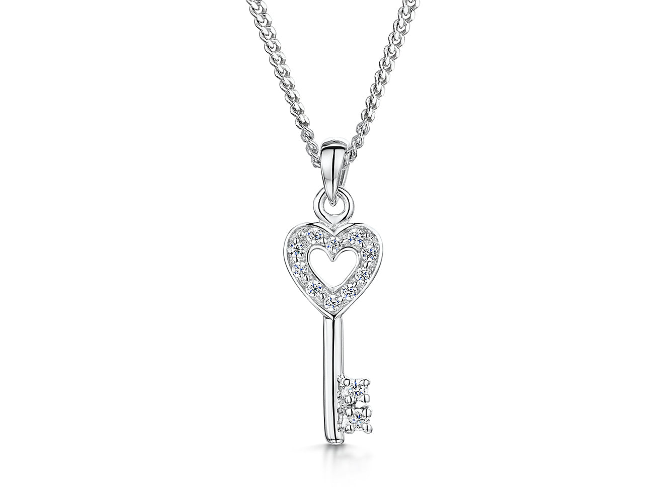 Sterling silver key-shaped pendant with a cubic zirconia heart, attached to a silver chain-JOOLS by Jenny Brown