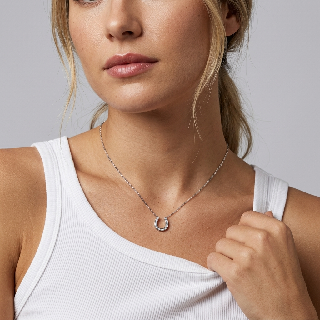Sterling Silver Good Luck Horseshoe Pendant Necklace with Cubic Zirconia