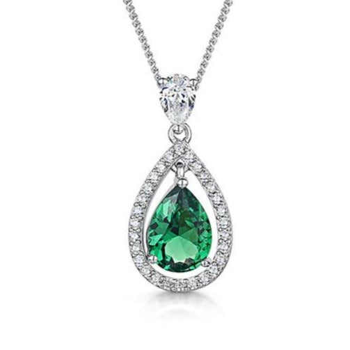 Sterling Silver Halo Emerald Zirconia Pendant-Teardrop CZ
