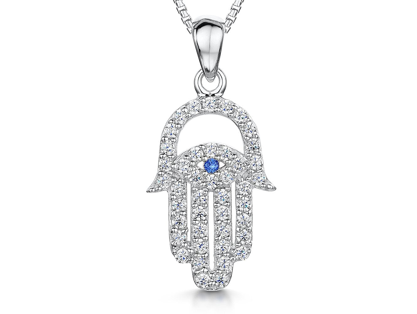 Sterling Silver Hamsa Hand Pendant Necklace | Premium Cubic Zirconia & Blue Sapphire CZ