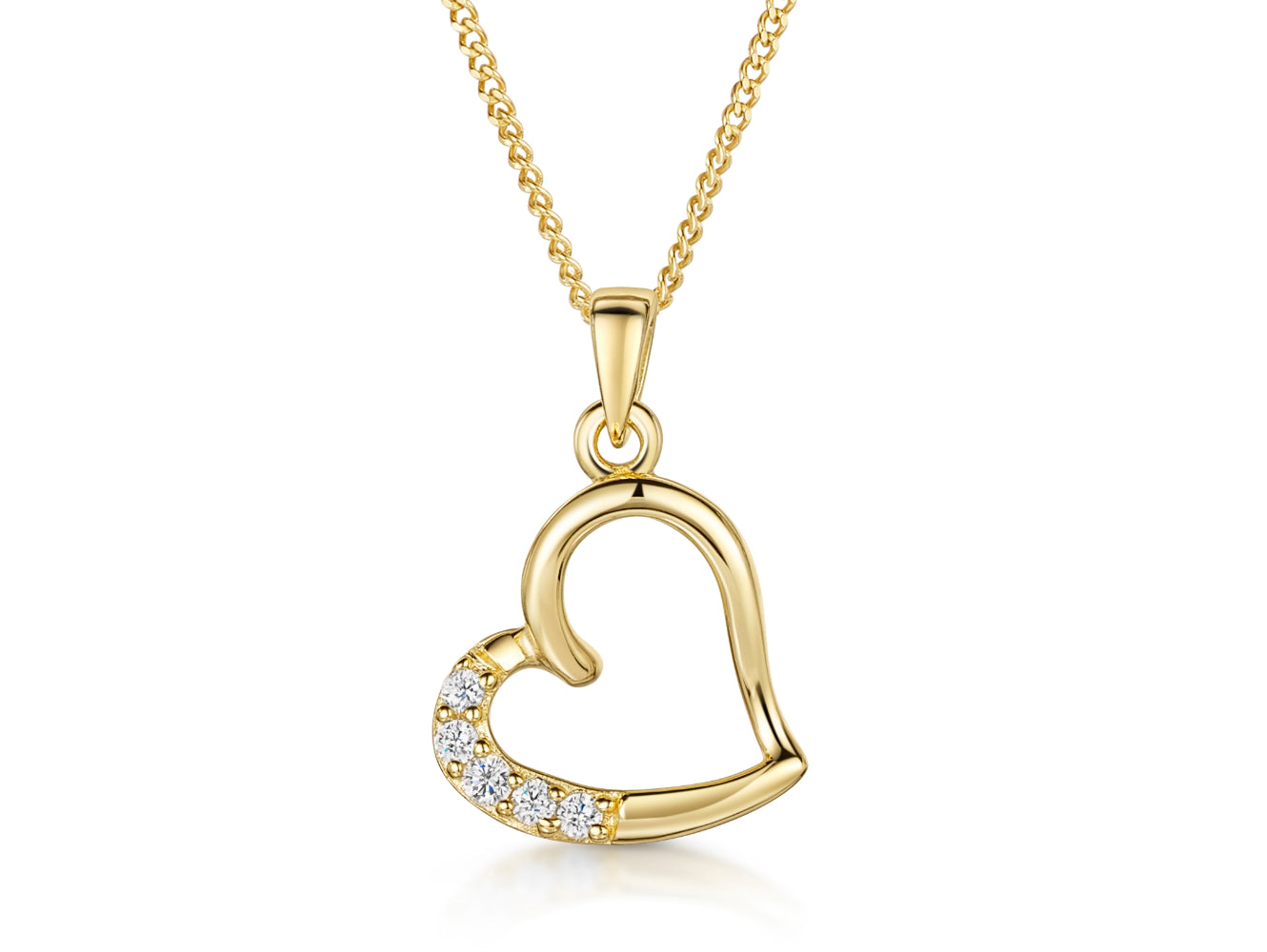 Yellow Gold Offset Heart Pendant With Cubic Zirconia Stones