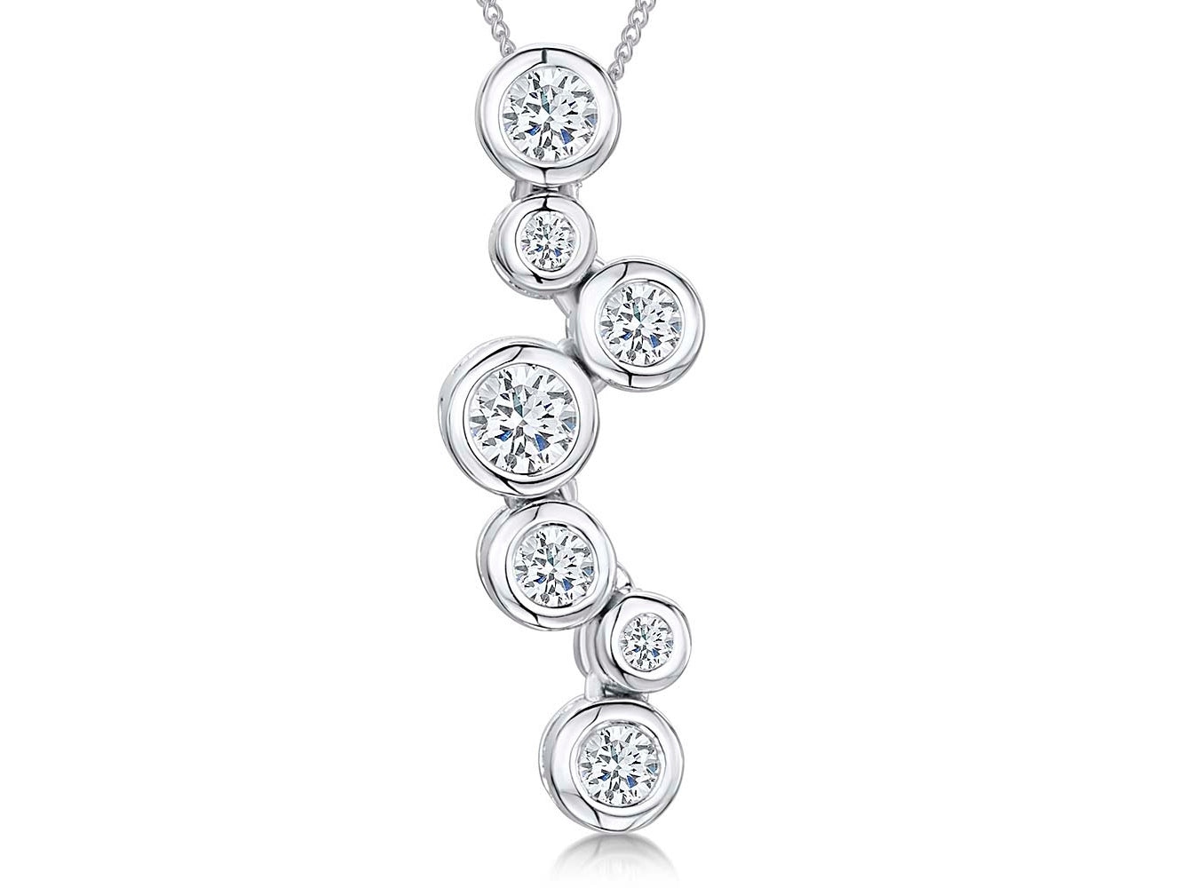A sterling silver necklace with a bubble pendant containing multiple cubic zirconia stones in a vertical arrangement,-JOOLS by Jenny Brown