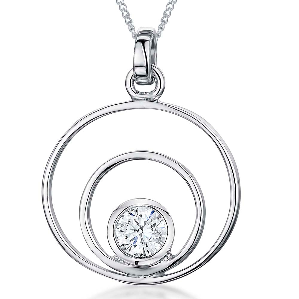 Sterling Silver Pendant With Two Circles And A One Carat Cubic Zirconia Stone Set Centre