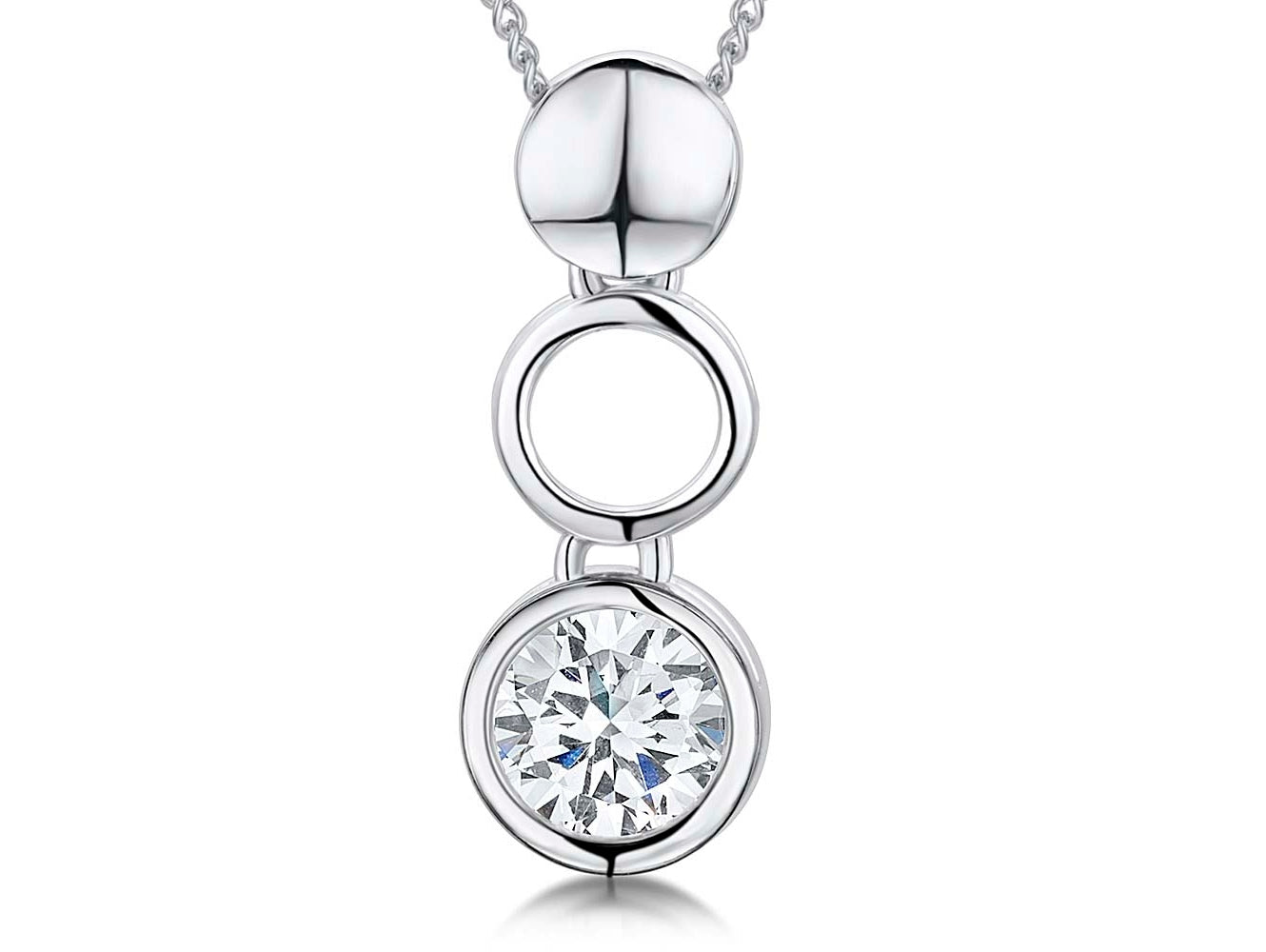 Sterling Silver Solid, Open & Rubover Cubic Zirconia Circle Pendant