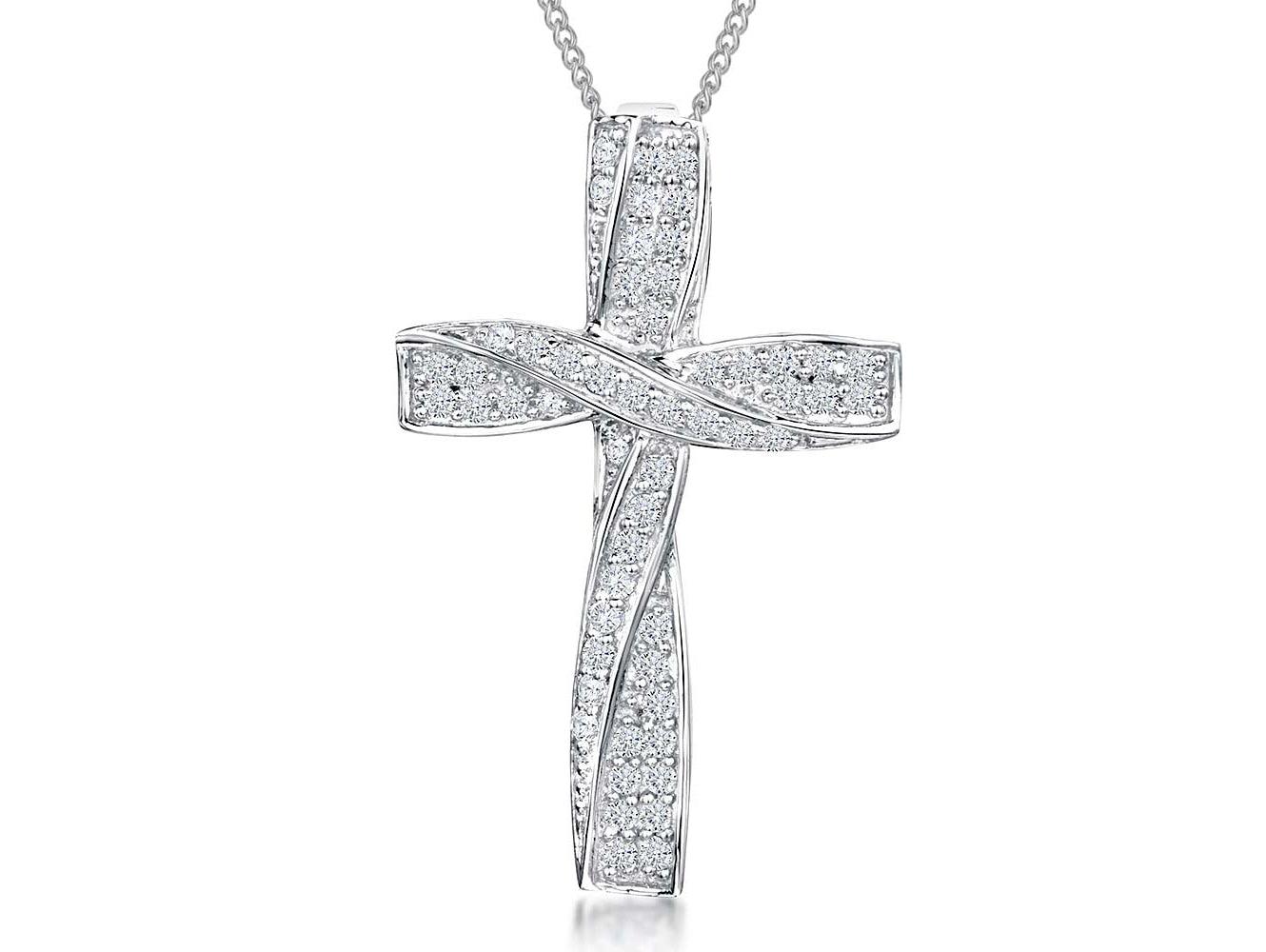 Sterling Silver Cubic Zirconia Crossover Ribbon Cross Necklace