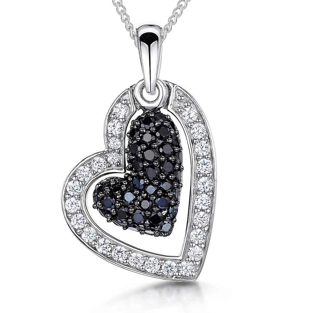 Sterling Silver Black White Open Heart Pendant
