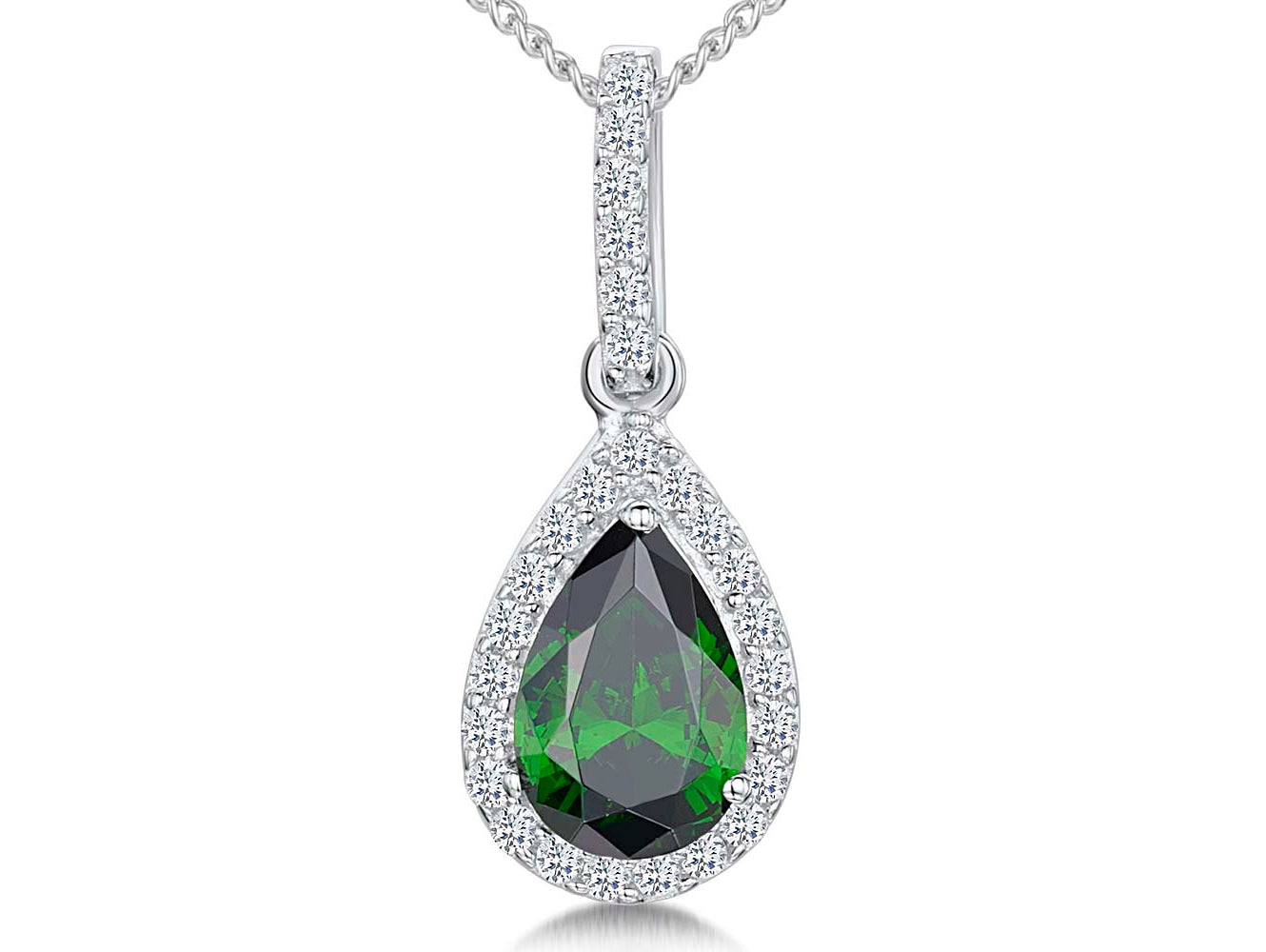 Sterling Silver Emerald Green Pear Cut Necklace with CZ Halo