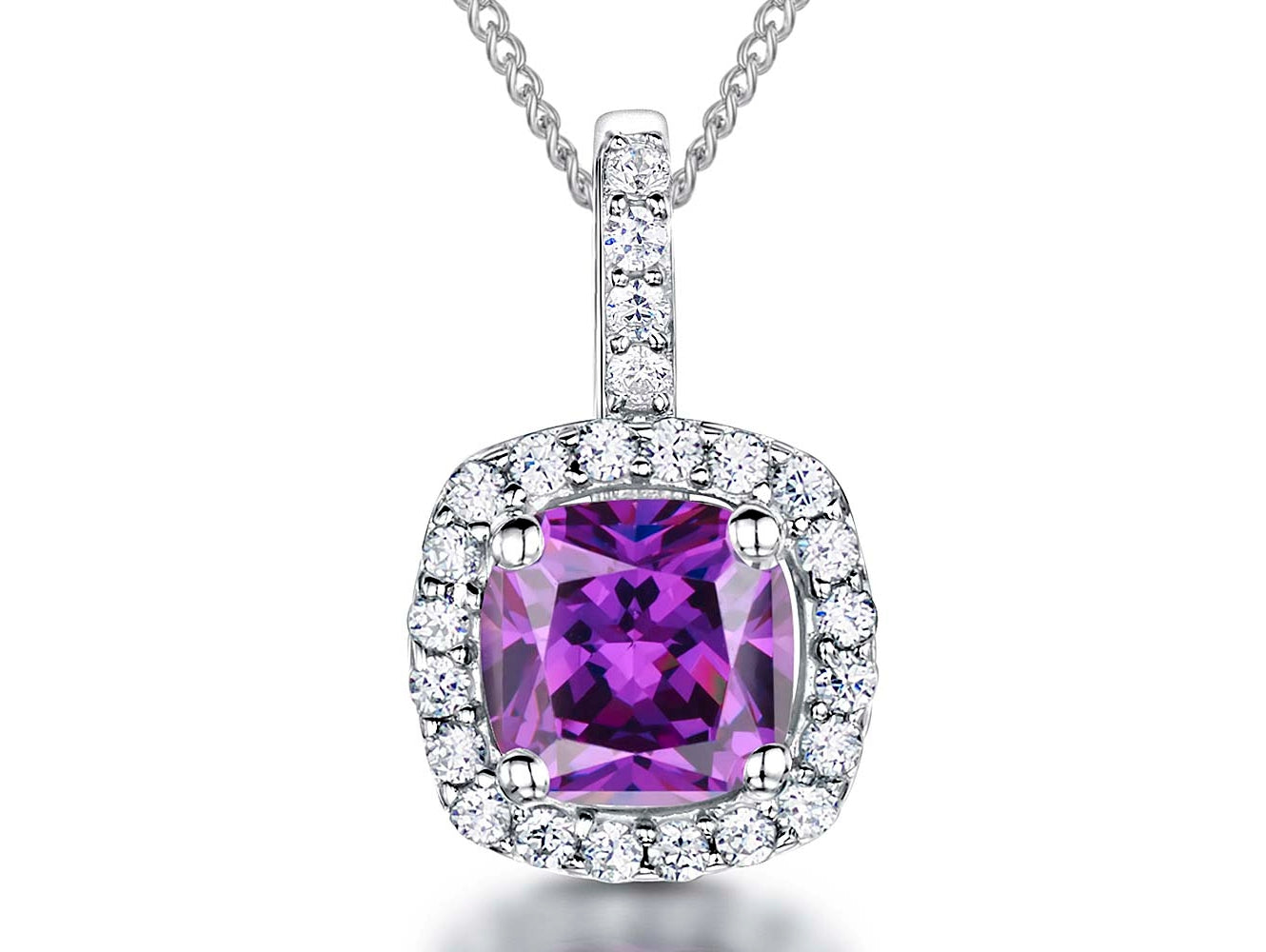 Sterling Silver Amethyst Halo Cushion Cut Pendant