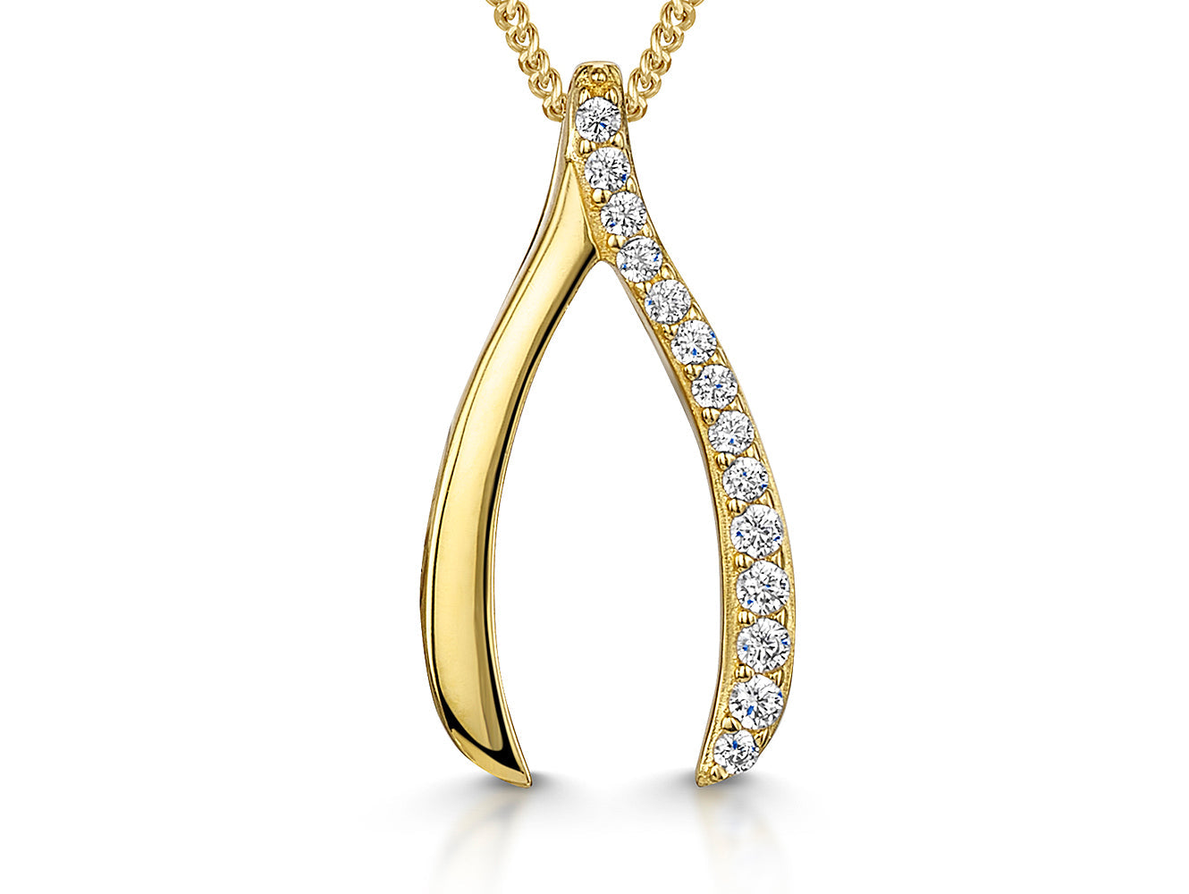 A yellow gold wishbone pendant with half pave set cubic zirconia, attached to a silver curb chain-JOOLS by Jenny Brown