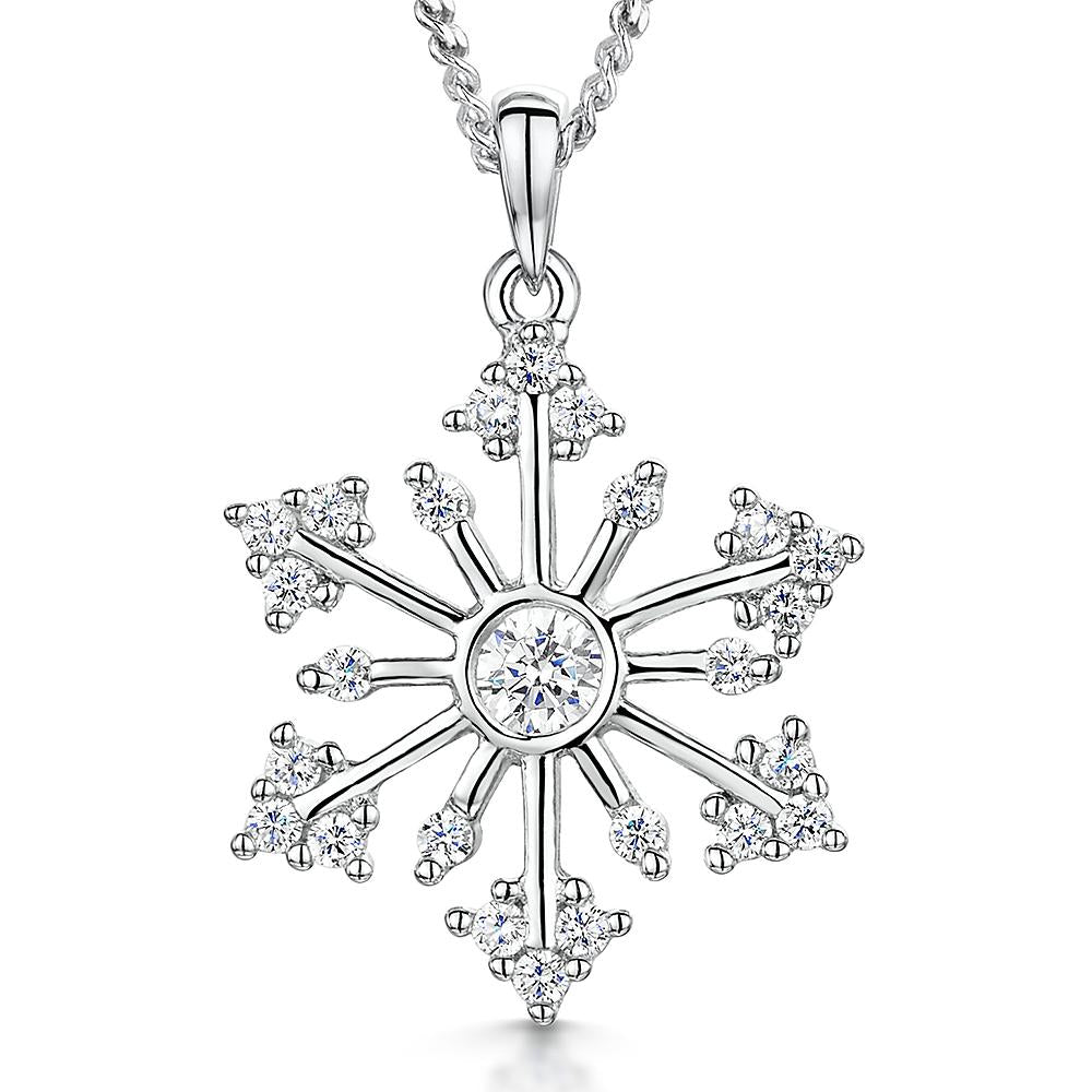 Sterling Silver Cubic Zirconia Snowflake Round Pendant