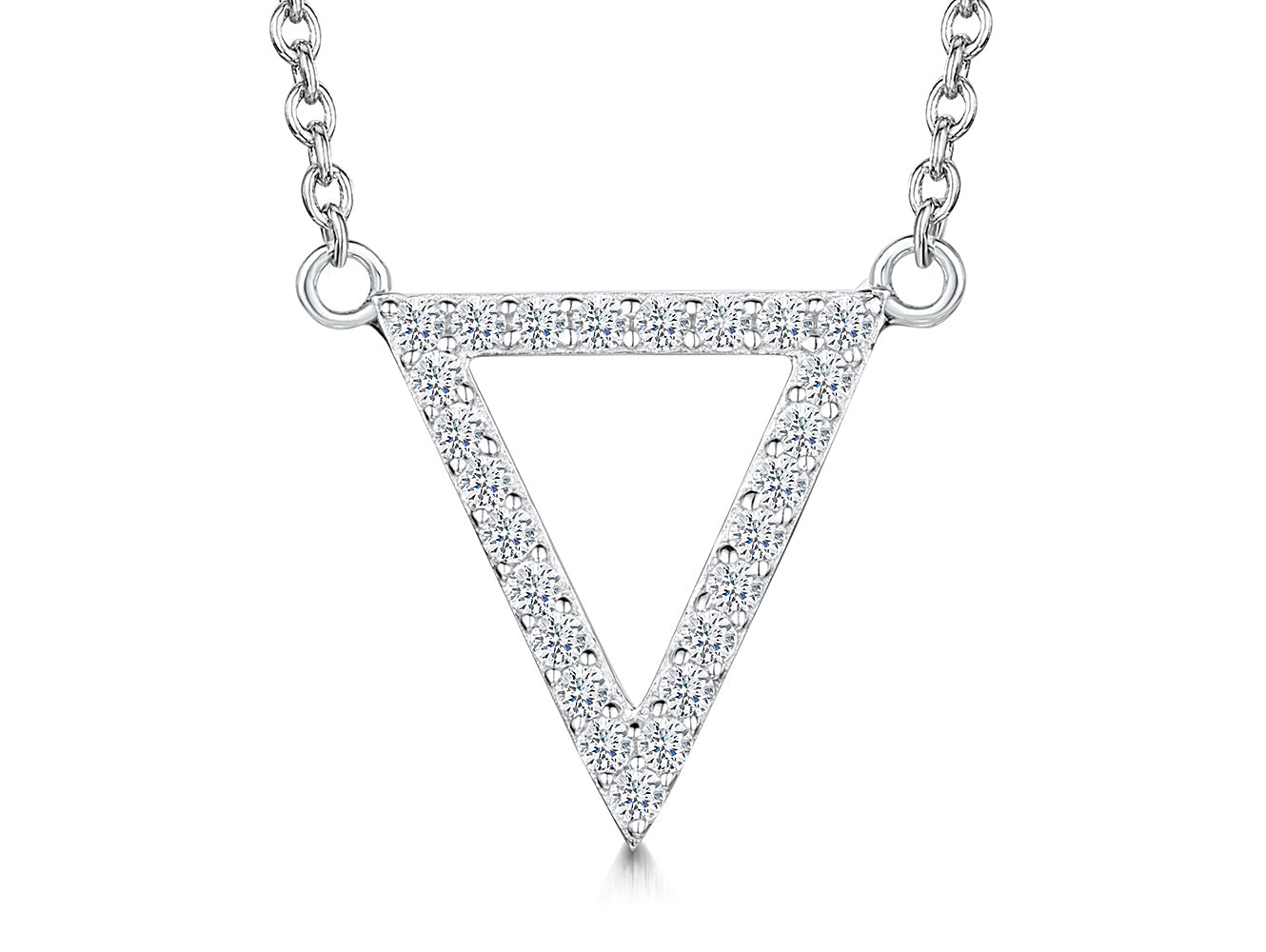 A sterling silver upside down triangle pendant with pave set cubic zirconias on a fixed chain-JOOLS by Jenny