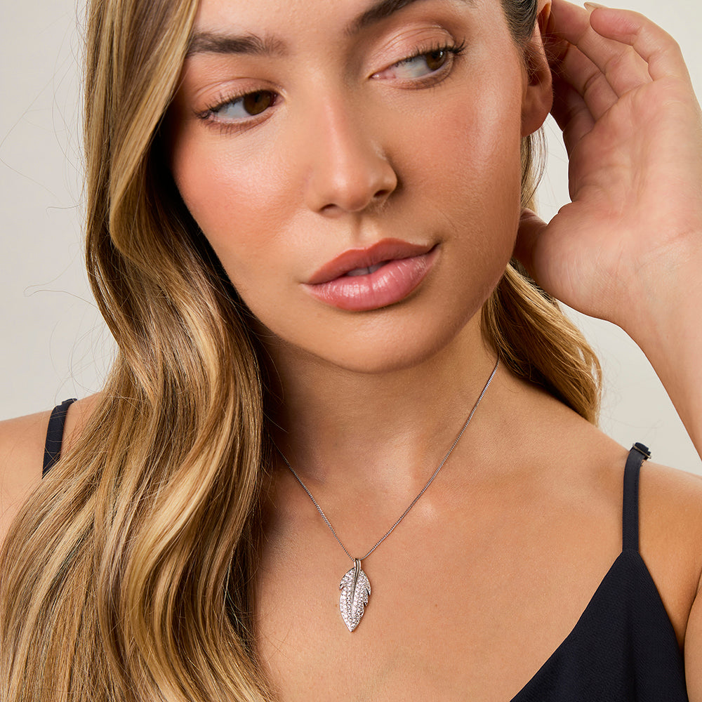 Sterling Silver Feather Pendant Set With Cubic Zirconias