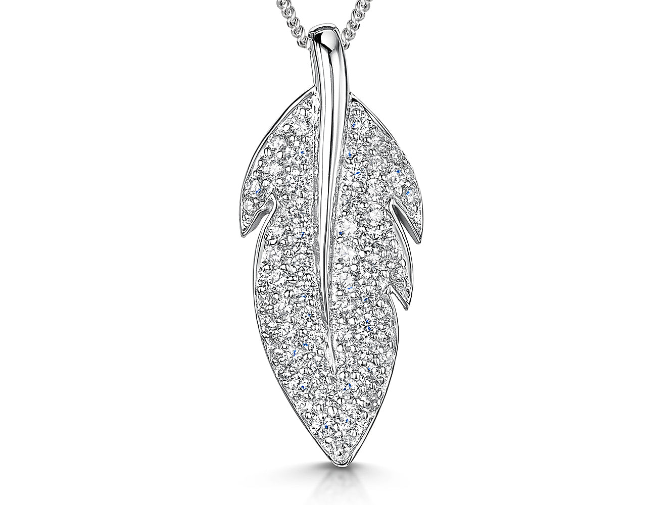 Sterling Silver Feather Pendant Set With Cubic Zirconias