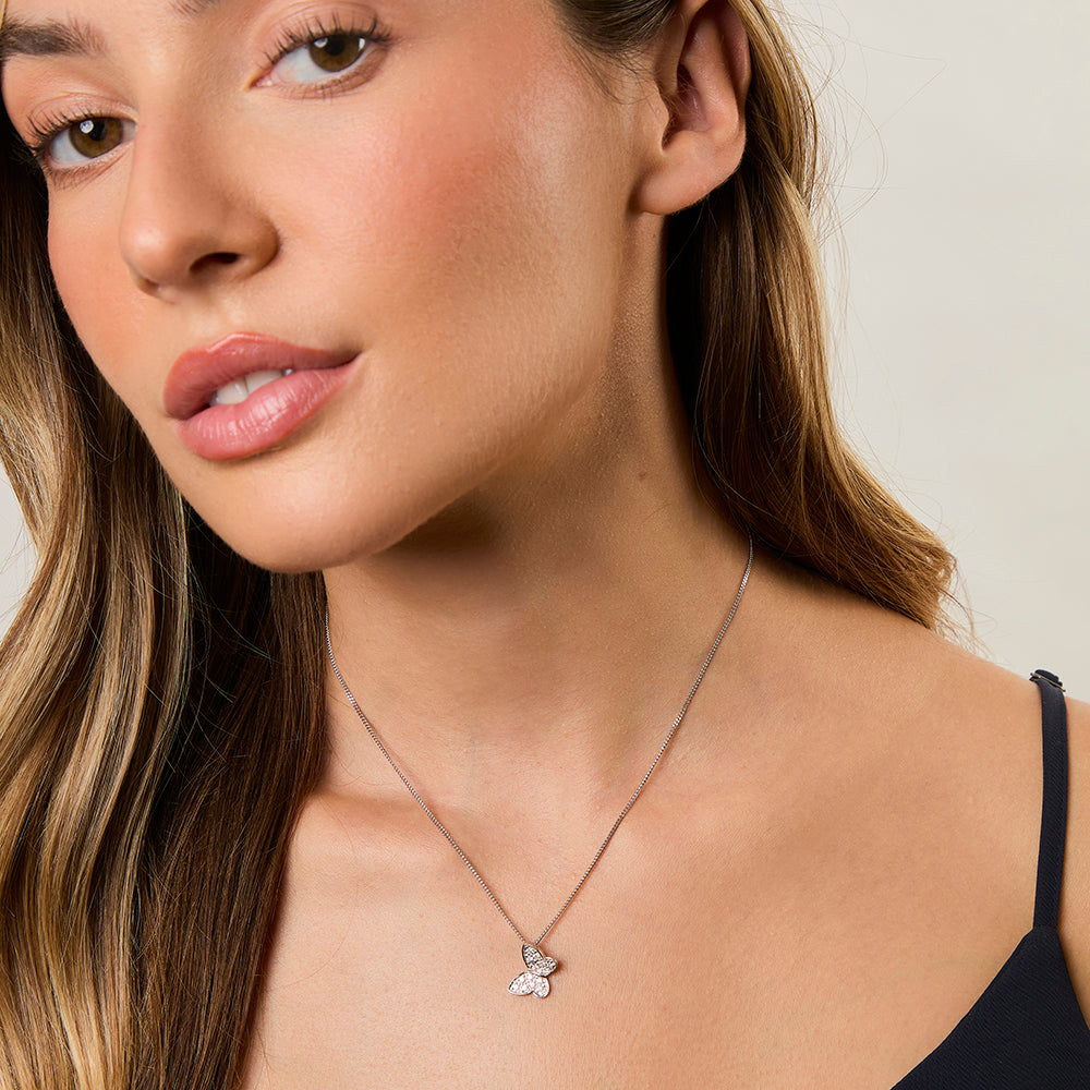 Solid 925 Sterling Silver Pavé Butterfly Pendant Necklace | Cubic Zirconia