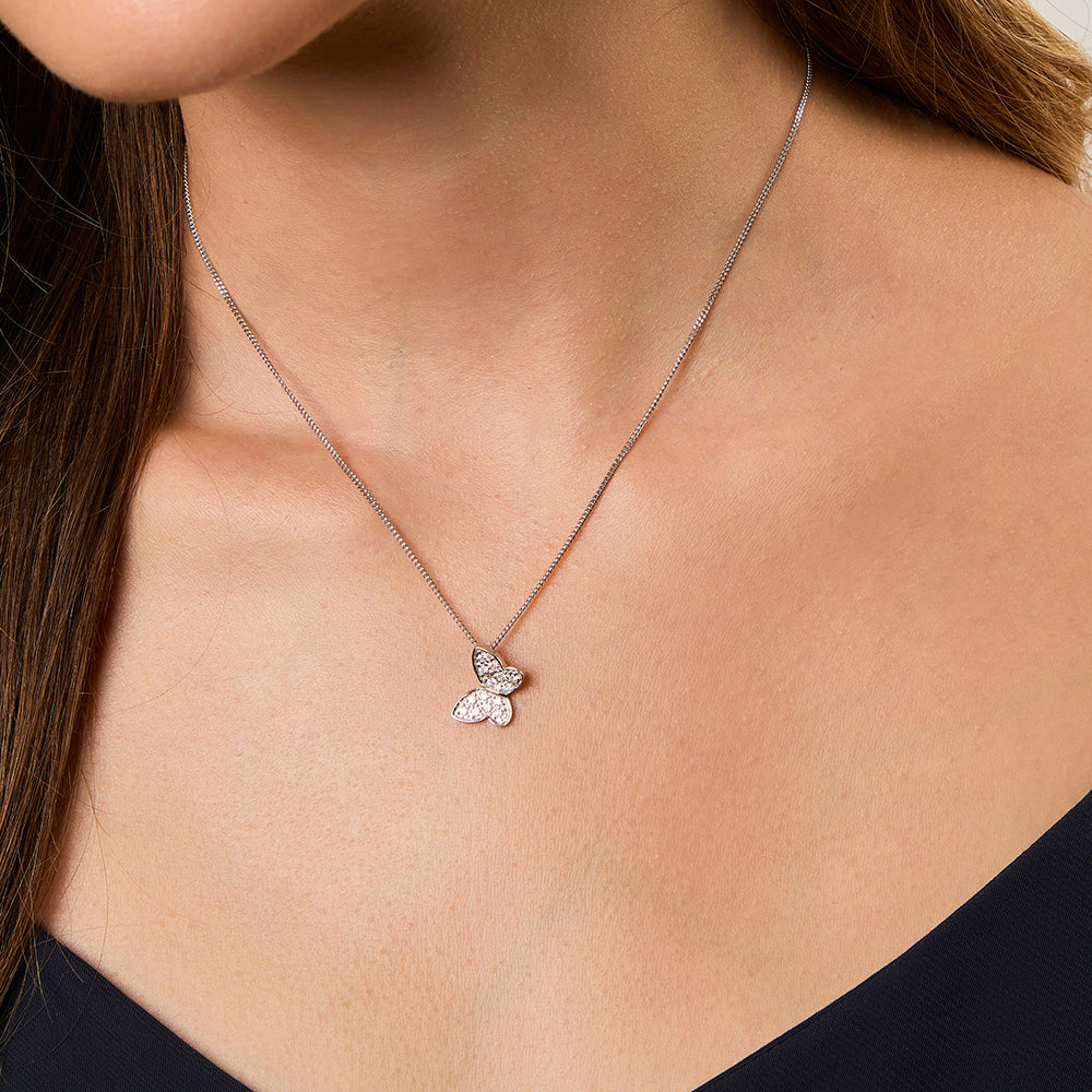 Solid 925 Sterling Silver Pavé Butterfly Pendant Necklace | Cubic Zirconia