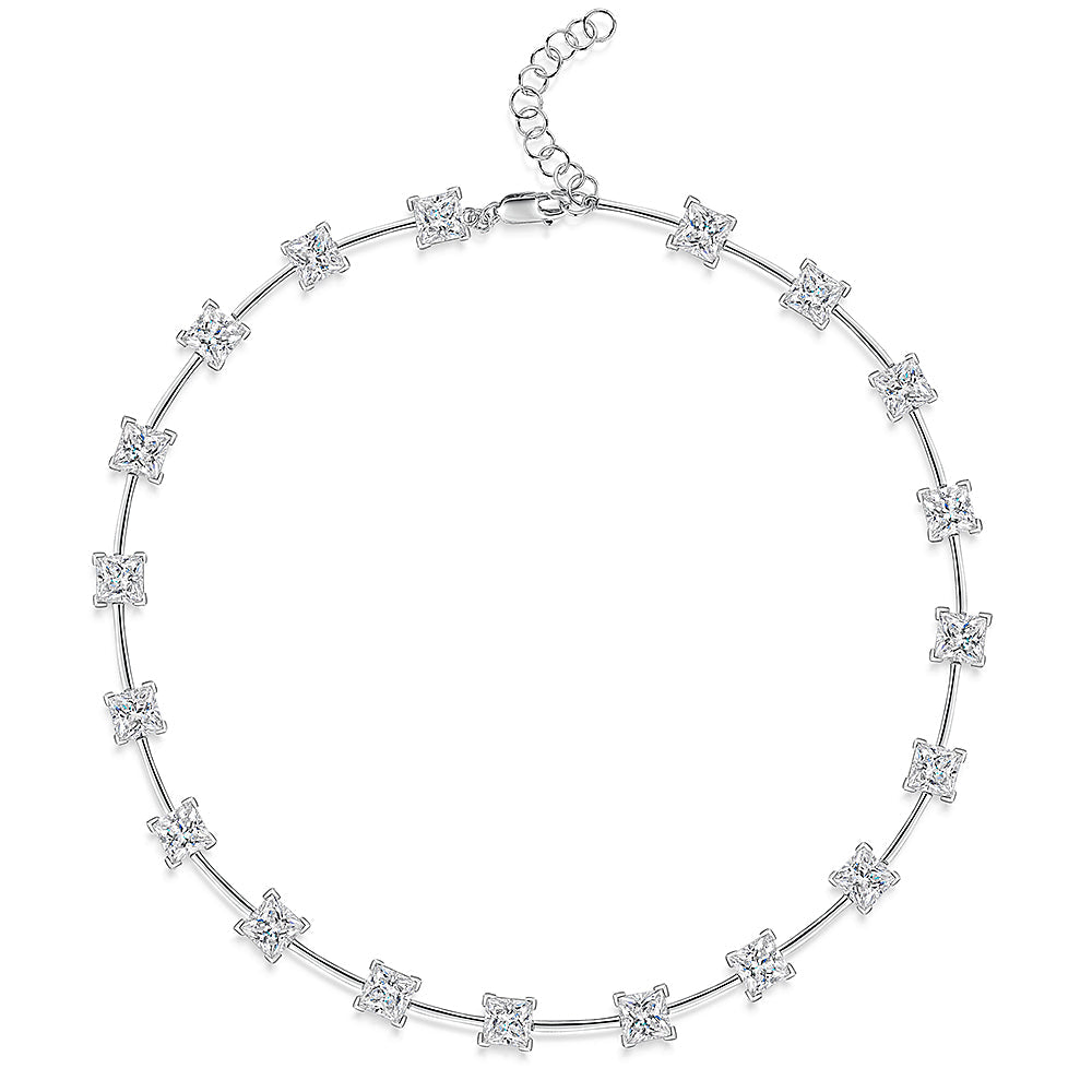 Sterling Silver Full Necklace With Princess Cut Cubic Zirconias