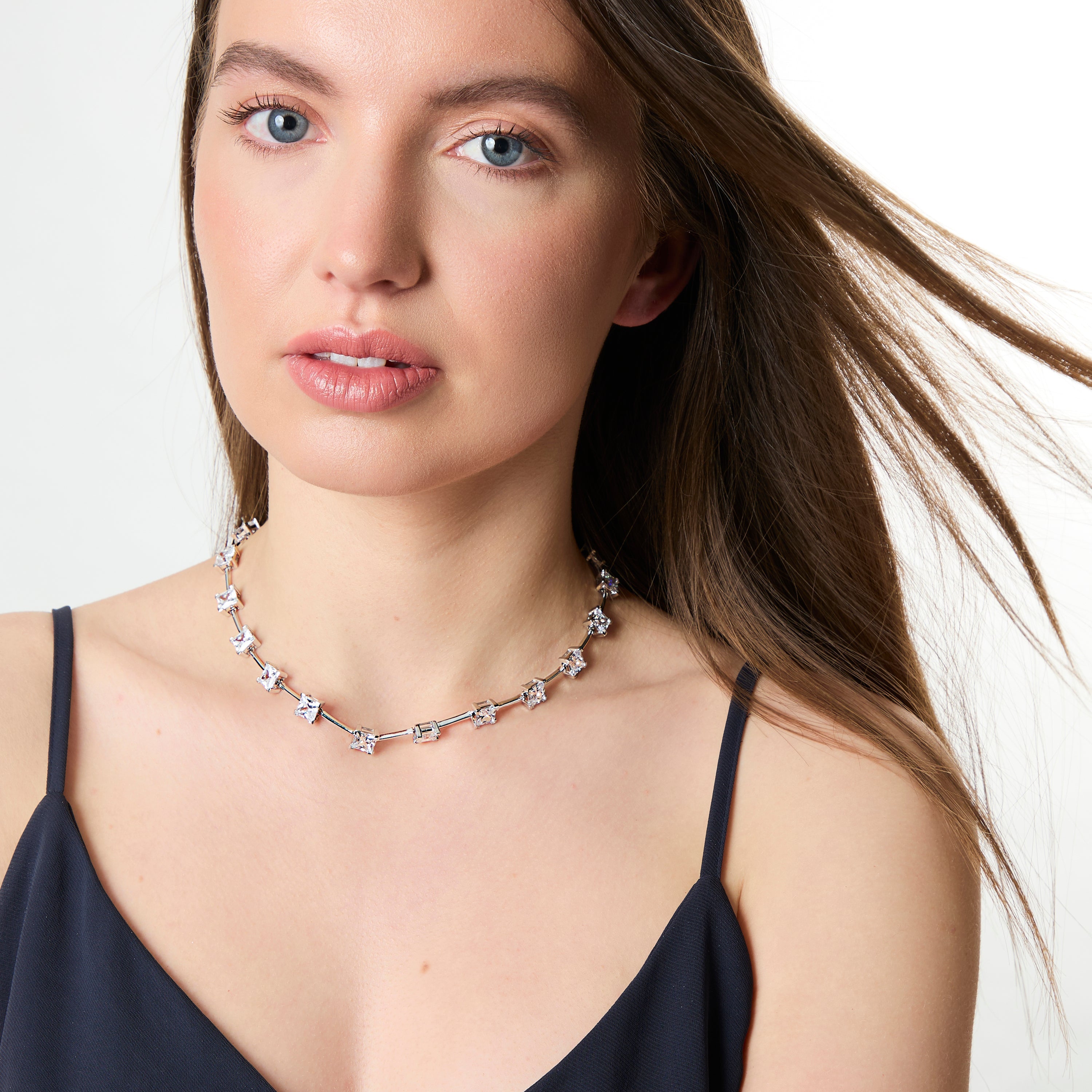 Sterling Silver Full Necklace With Princess Cut Cubic Zirconias