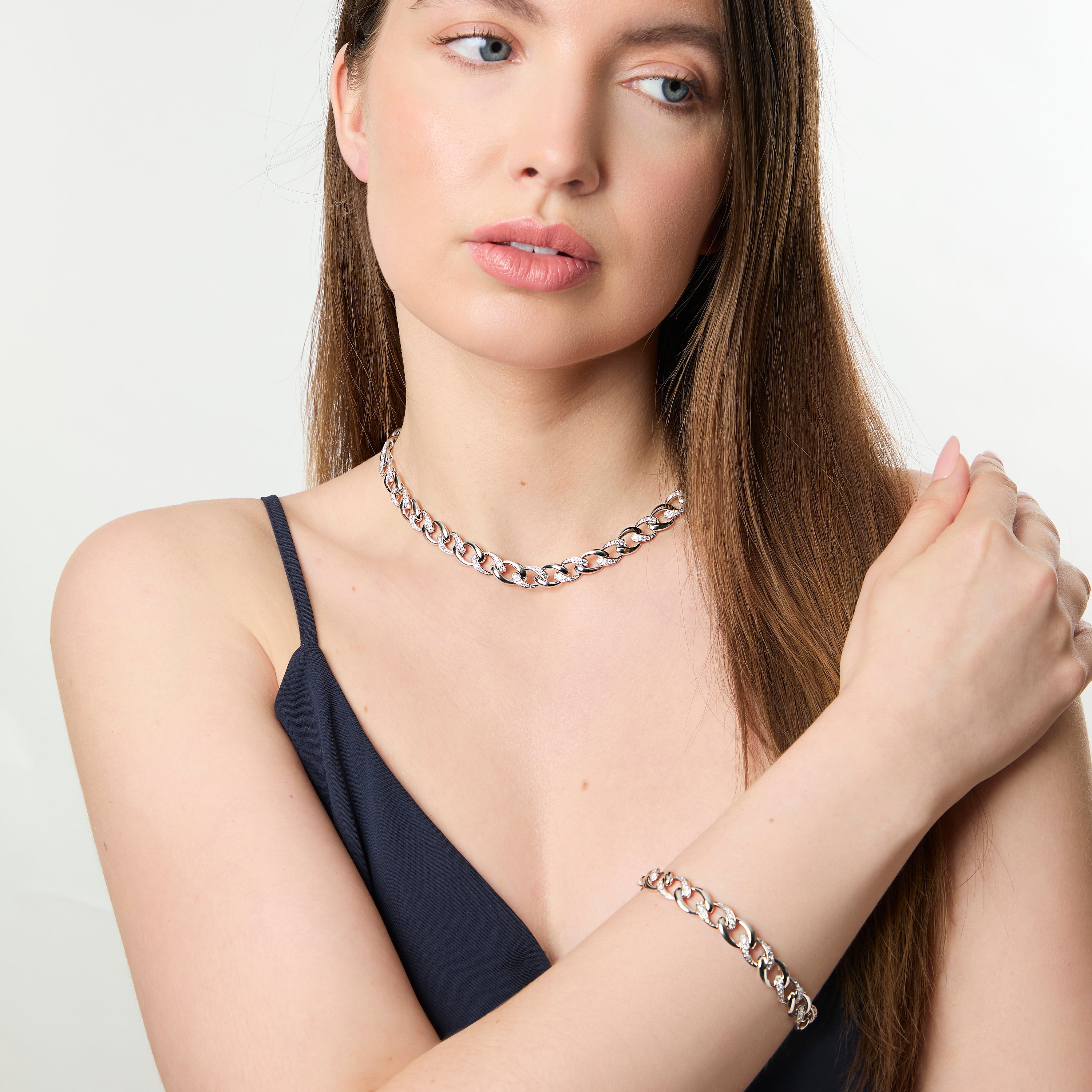 Sterling Silver Cubic Zirconia Chain Link Full Necklace