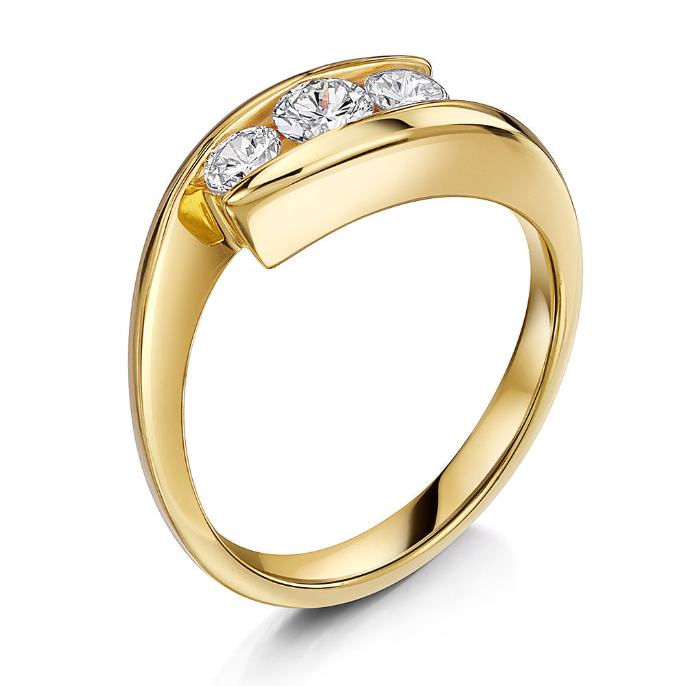 Gold ring featuring three sparkling diamonds set between two sleek, curved bands-JOOLS by Jenny Brown