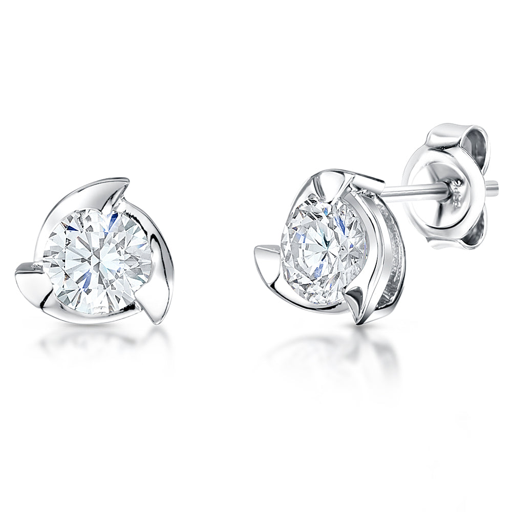 Sterling Silver Stud Earring With 3 Point Swirl Setting & Cubic Zirconia