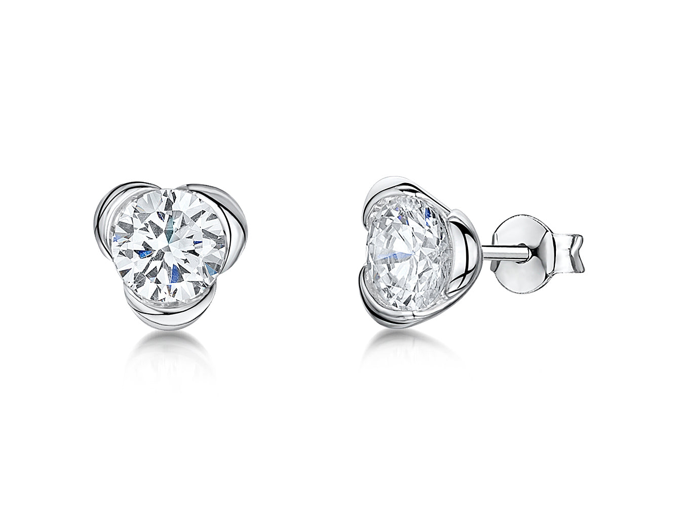 Sterling Silver Flower Stud With 3 Petals Cubic Zirconia