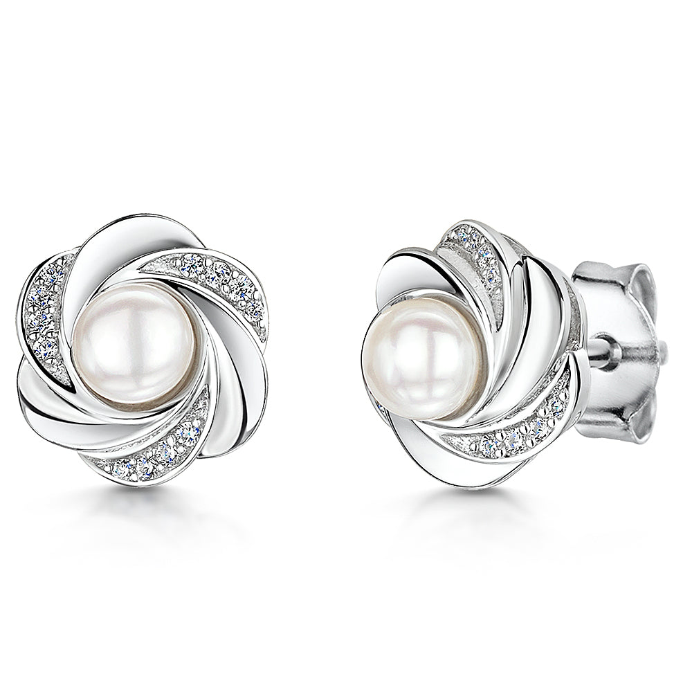 Sterling Silver Pearl Spiral Swirl Earrings