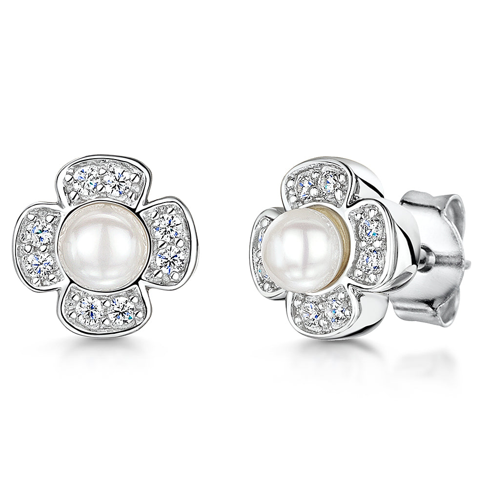 Sterling Silver Pearl 4 Flower Earrings