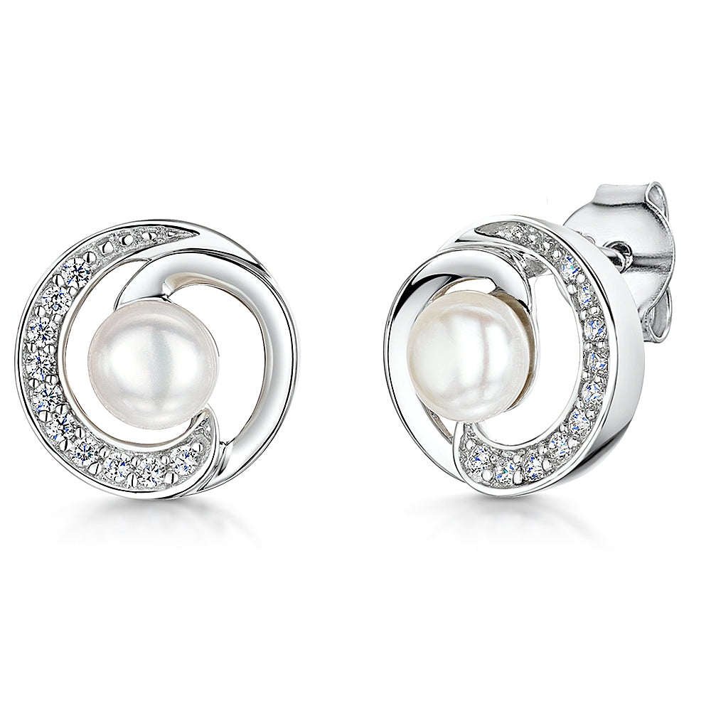 Sterling Silver Pearl Swirl Earrings With White Zirconia's