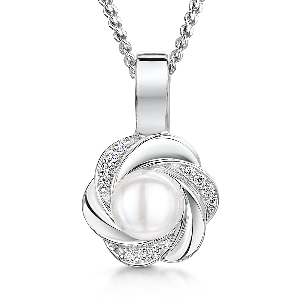 Sterling Silver Freshwater Pearl Flower Pendant Necklace | Premium Cubic Zirconia