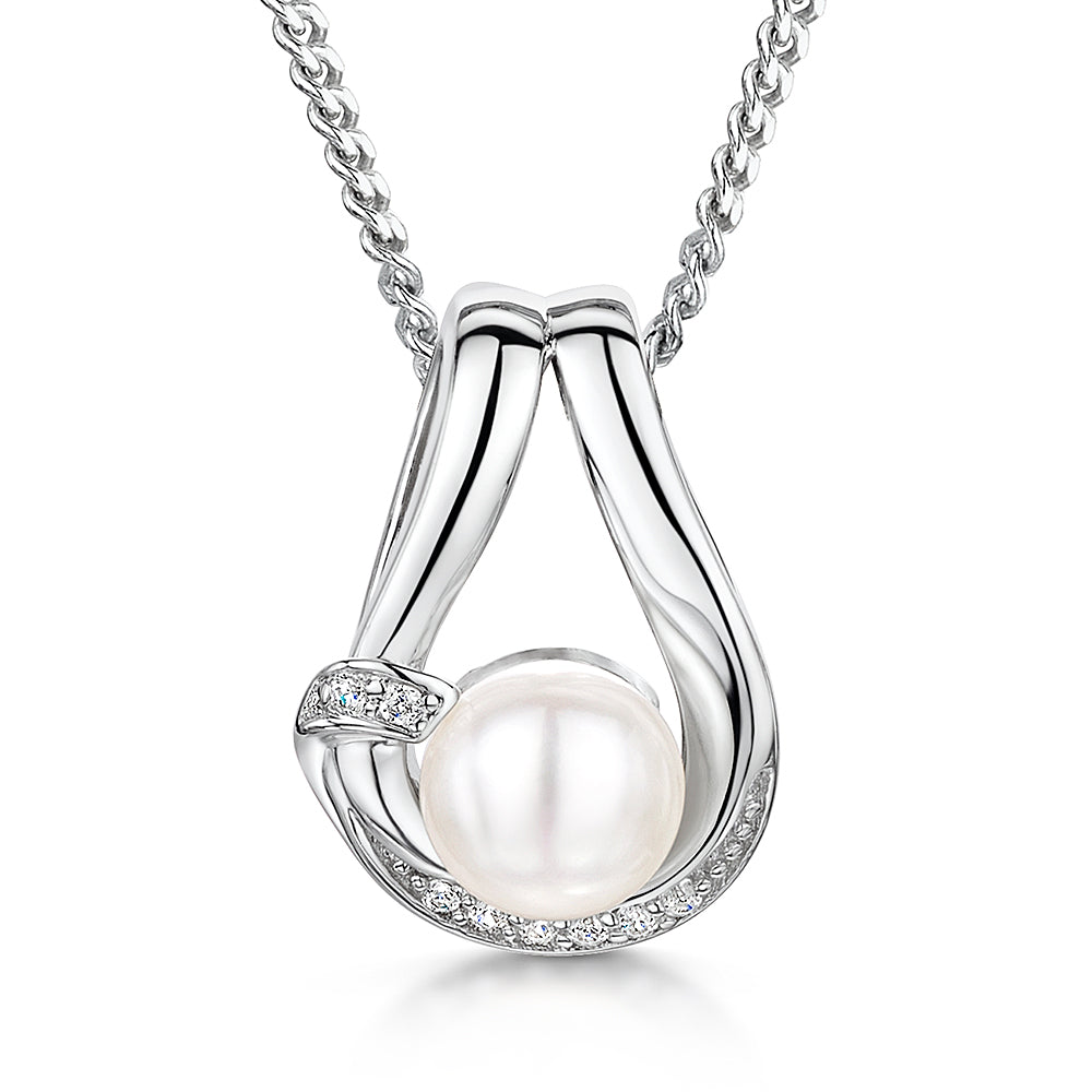Sterling Silver Freshwater Pearl & Pavé Teardrop Pendant Necklace