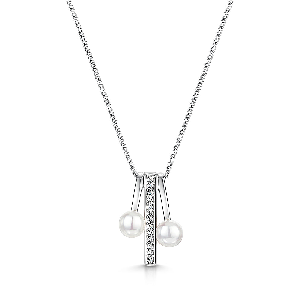 Sterling Silver Pendant With 2 Freshwater Pearls Set Either Side Of Pave Cubic Zirconia Bar