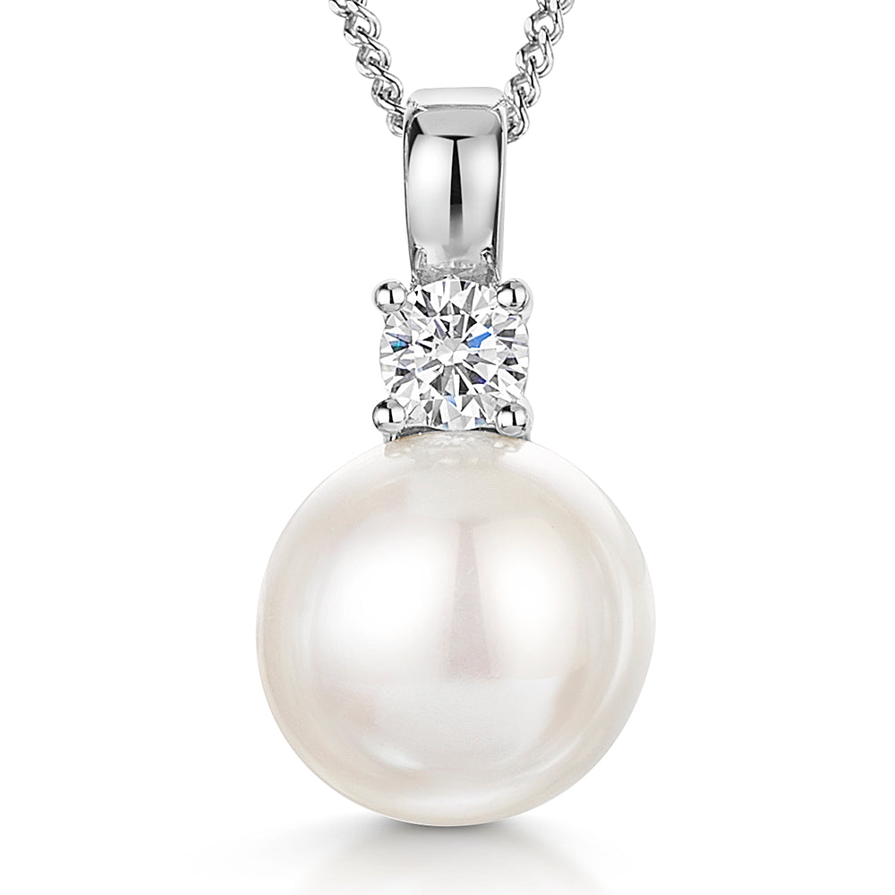 Sterling Silver Sparkling Cubic Zirconia 9mm Freshwater Pearl Necklace