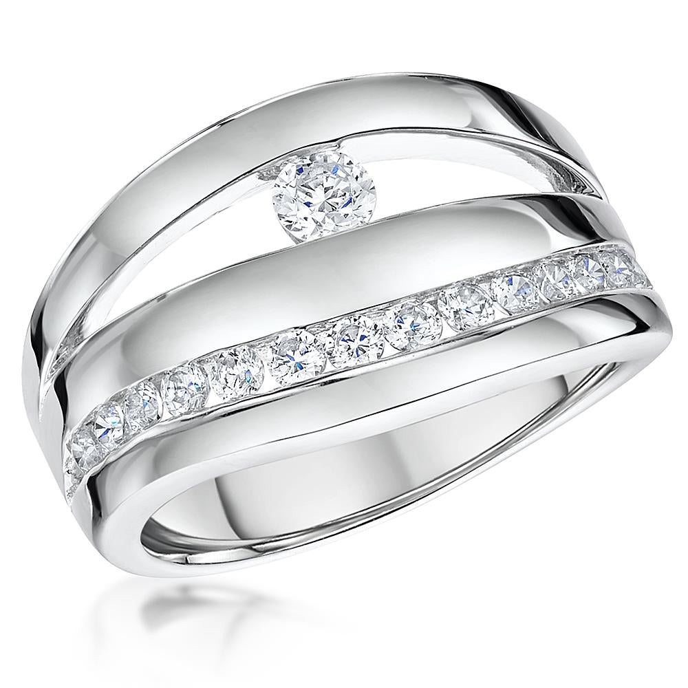 Sterling Silver Triple Band Ring With A Single Round Stone