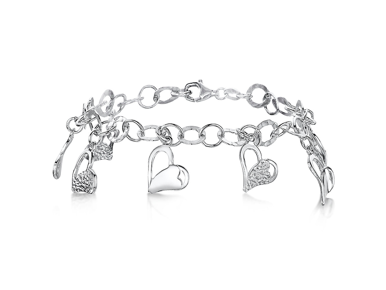 Sterling Silver Cubic Zirconia Charm Bracelet With Dangly Hearts