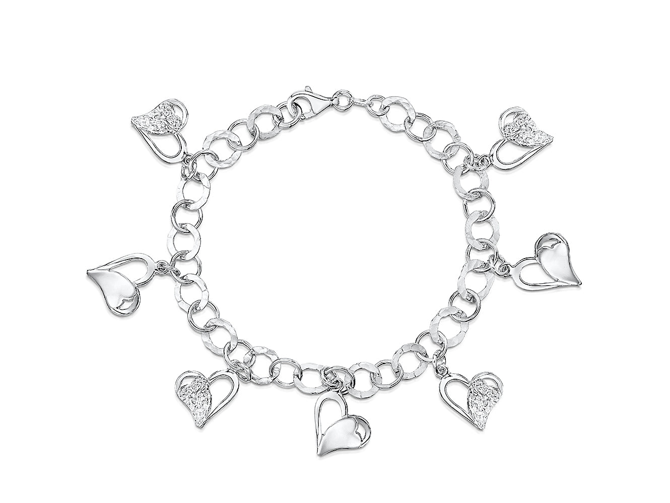 Sterling Silver Cubic Zirconia Charm Bracelet With Dangly Hearts