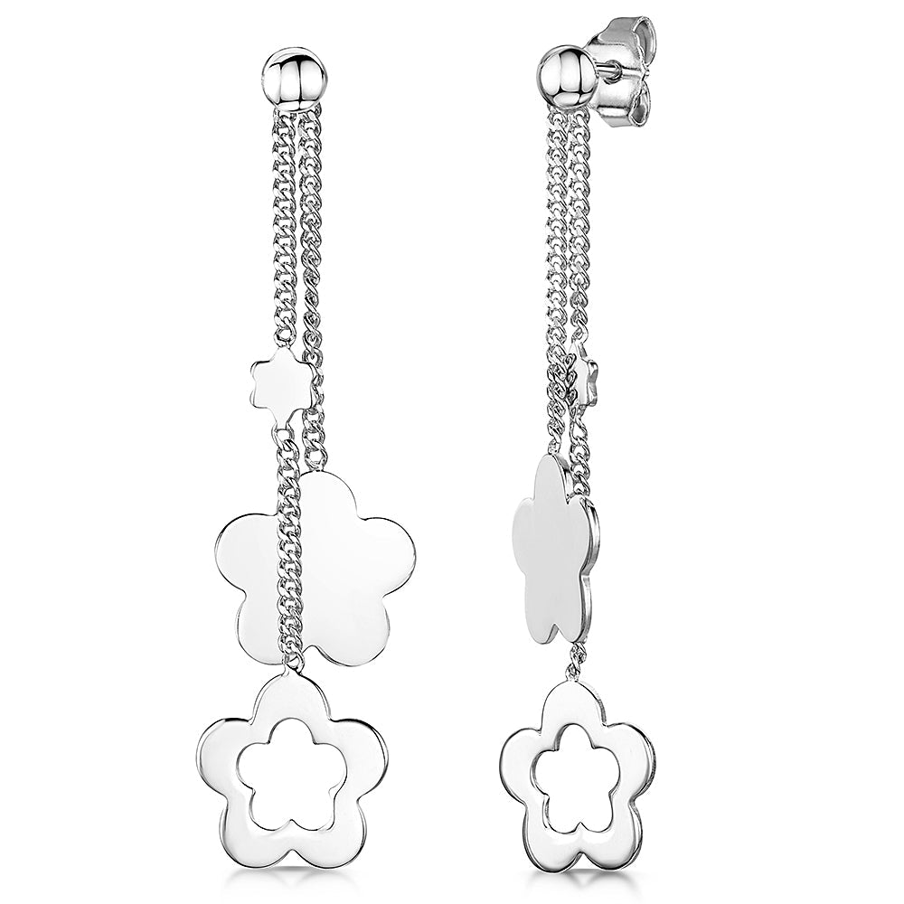Sterling Silver Drop Earring With Solid & Open Flowers
