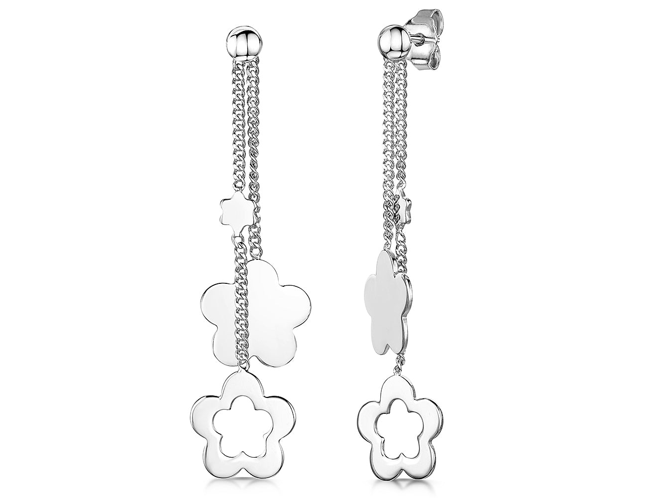 Sterling Silver Drop Earring With Solid & Open Flowers