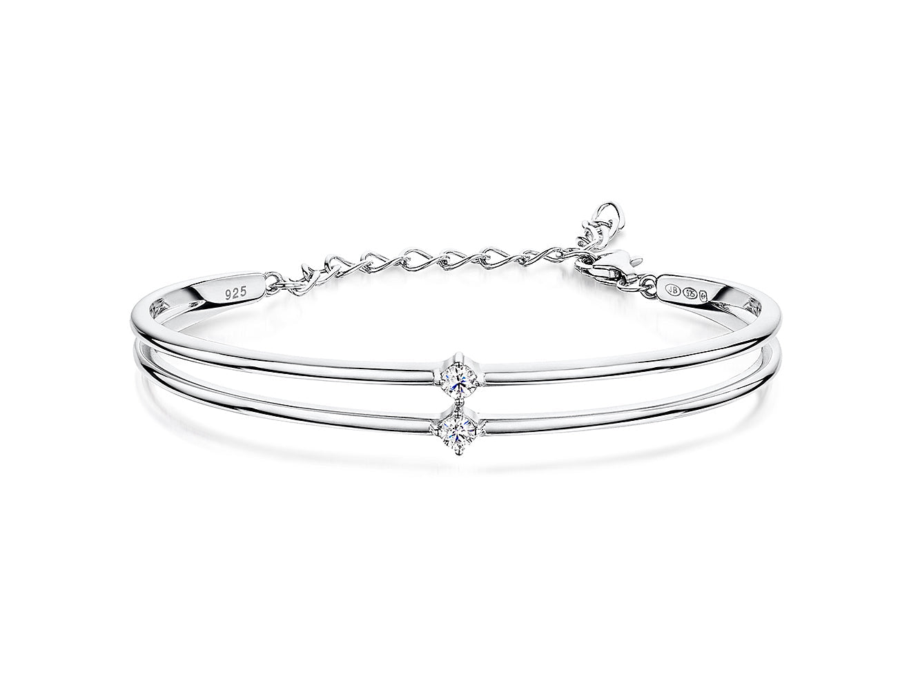 Sterling Silver 2 Stone Cubic Zirconia Split Cuff Bangle