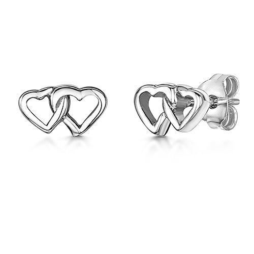 Sterling Silver Linked Double Heart Stud Earrings